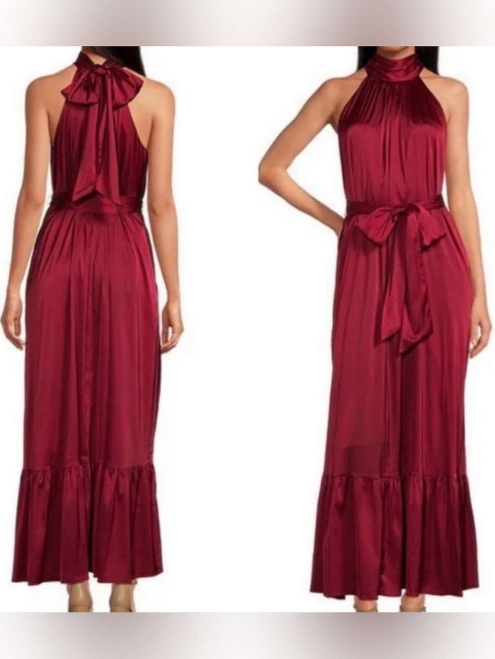 Badgley Mischka Sleeveless Halter Maxi Dress in Maroon